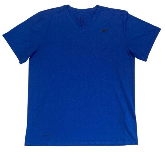 Nike Dri-Fit V-Neck Short Sleeve Shirt Solid Blue Black Swoosh Logo Men Medium - Picture 1 of 11